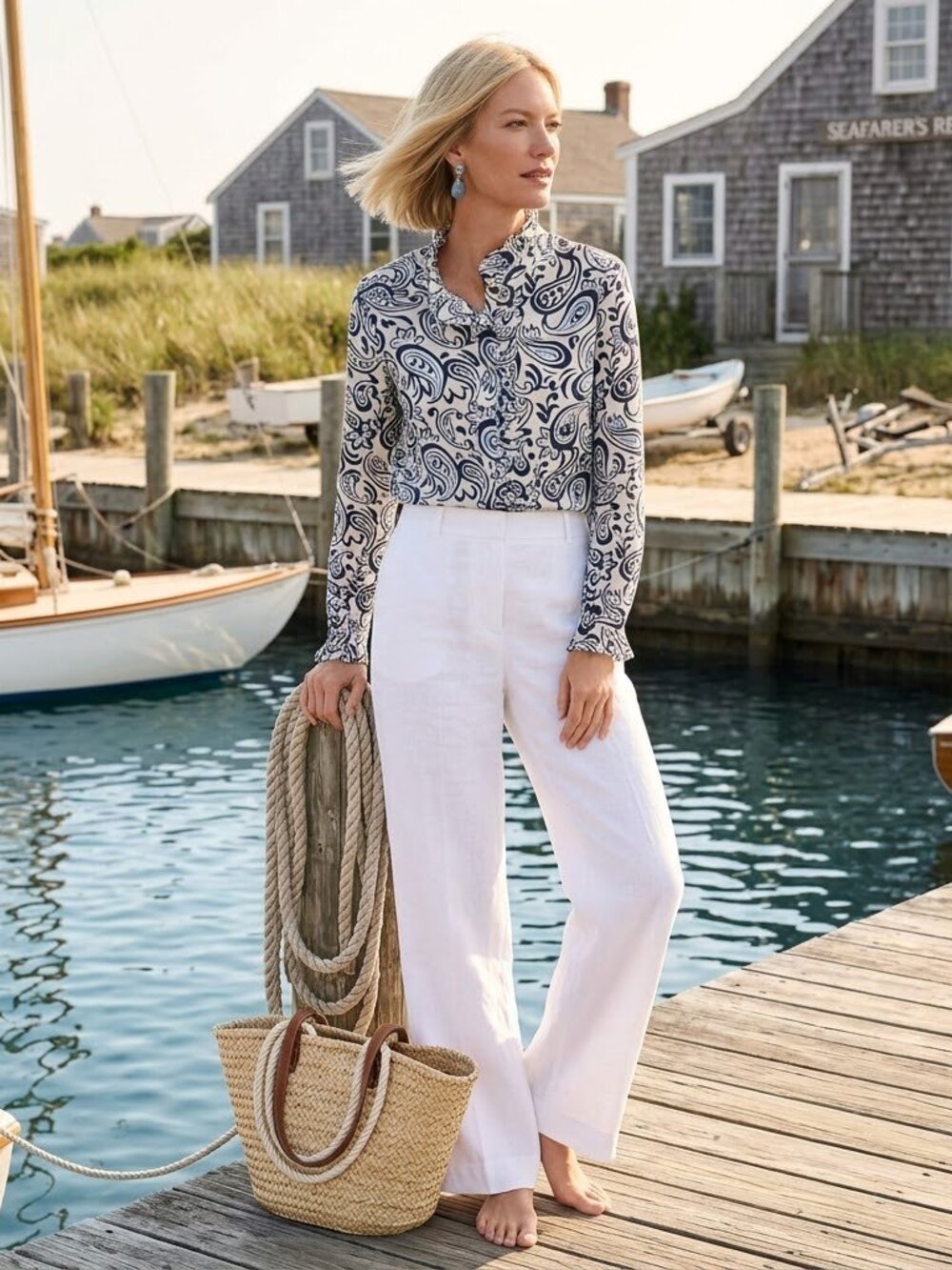 Talbots Ruffle Paisley Cotton Coastal Nautical Preppy Women's Blouse Size XS